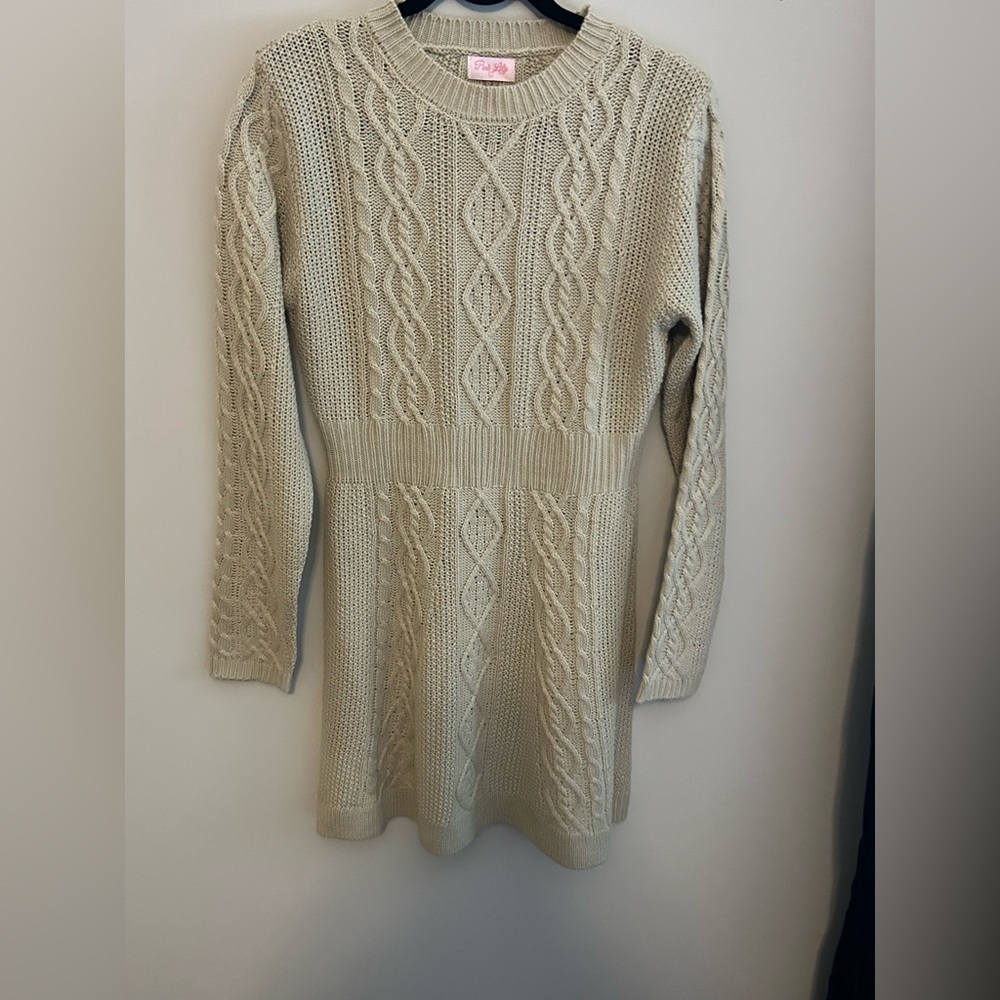 NWOT Pink Lily Cable Knit Sweater long sleeve fit and flare Dress - Beige